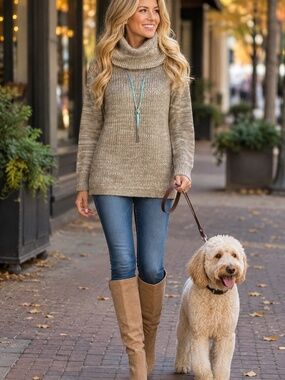 Jason Maxwell Marled Cowl Neck Tunic Sweater Small Beige Cream Knit